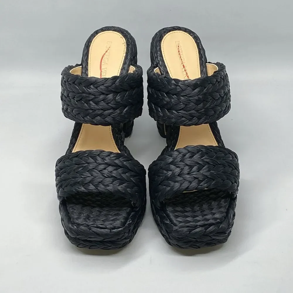 Bottega Veneta Trinity Weave Black Raffia Platform Sandals size 38